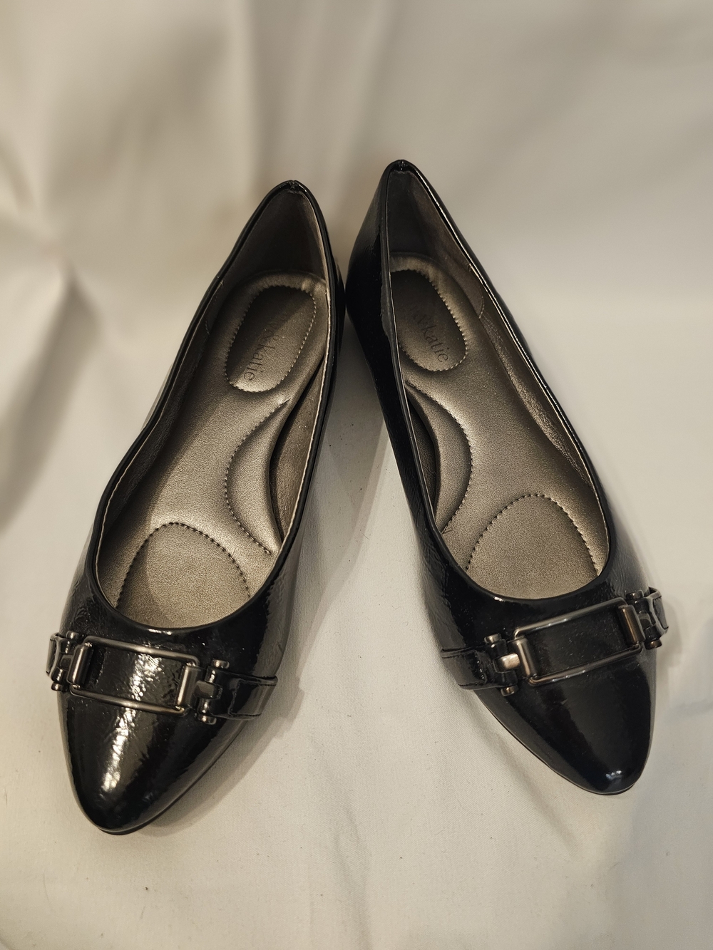 Black Patent Pointed Toe Ballet Flats with Buckle